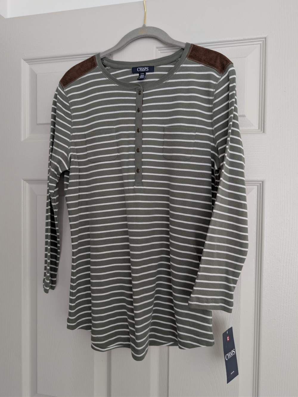 NWT Chaps Olive & White Striped Long-Sleeve Henley with Brown Shoulder Patches